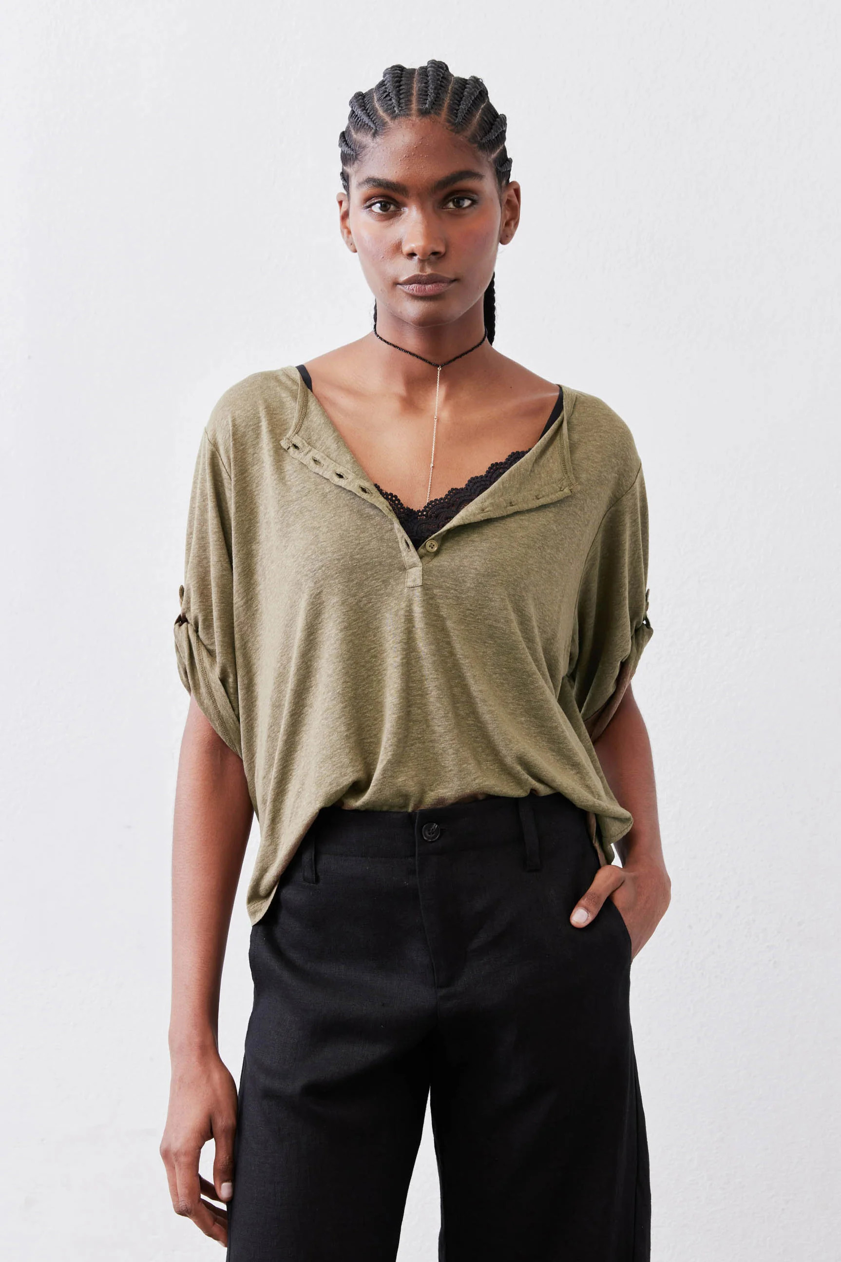 Half Button Elbow Sleeve Top | Ruti