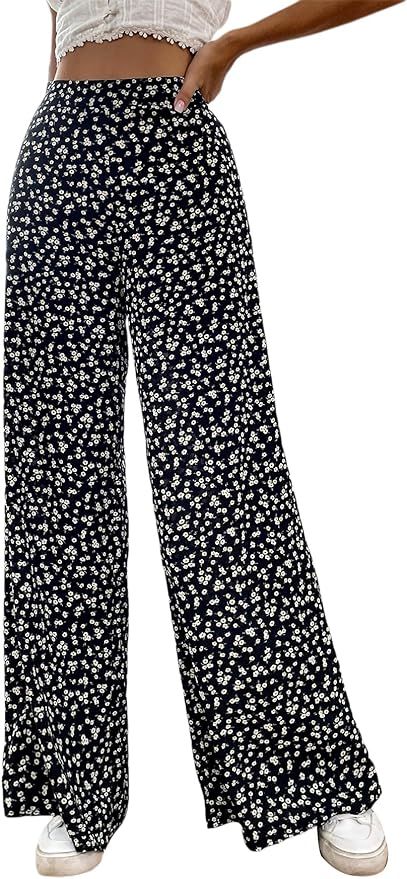 Floerns Women's Floral Print Elastic High Waist Wide Leg Casual Long Pants | Amazon (US)
