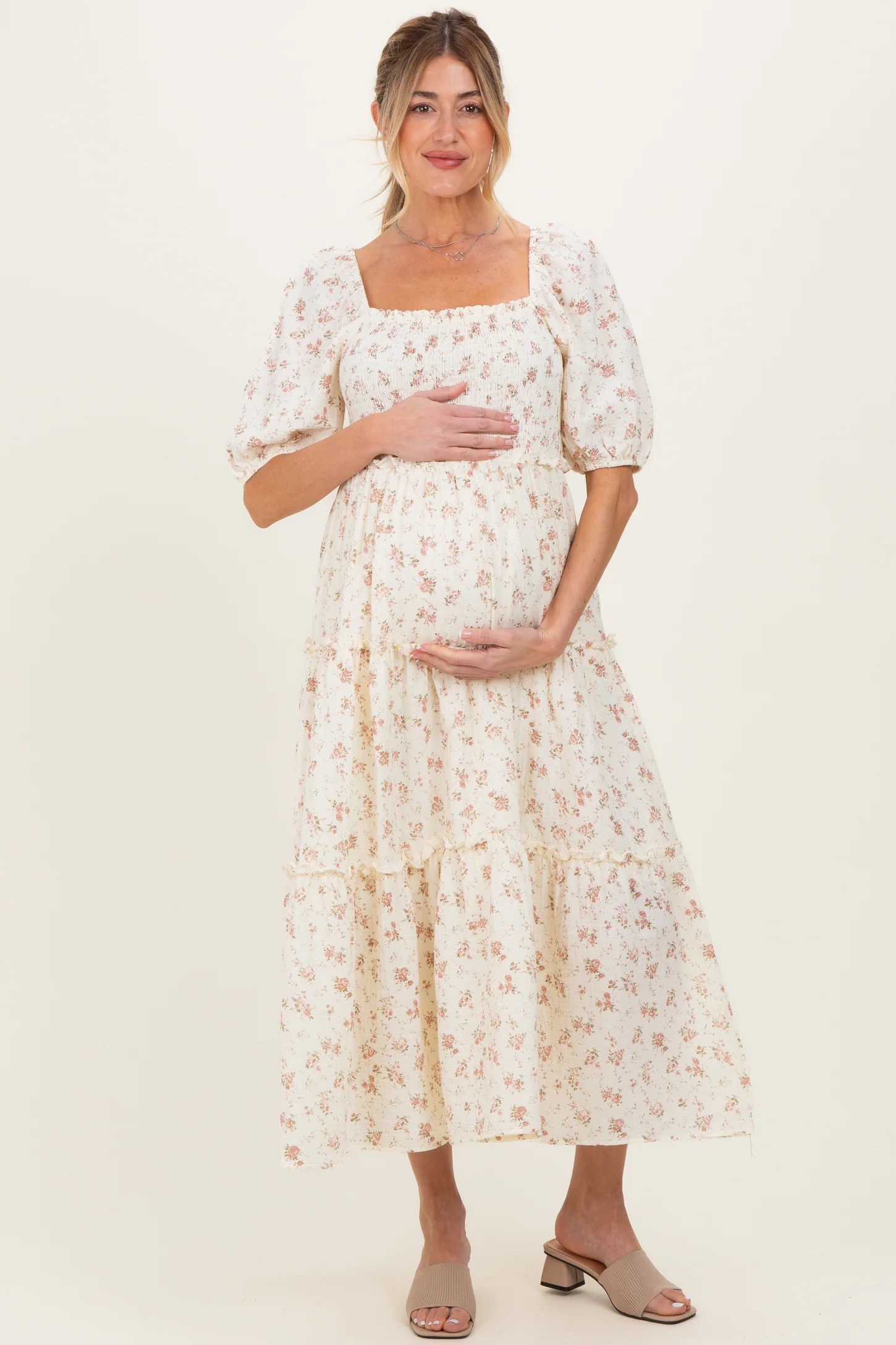 Ivory Rose Floral Smocked Maternity Maxi Dress | PinkBlush Maternity
