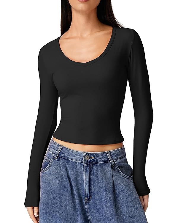 QINSEN Women Double Lined Fitted Basic T Shirts V Neck Long Sleeve Crop Top | Amazon (US)