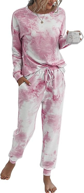 PRETTYGARDEN Women’s Tie Dye Two Piece Pajamas Set Long Sleeve Sweatshirt with Long Pants Sleepwear | Amazon (US)