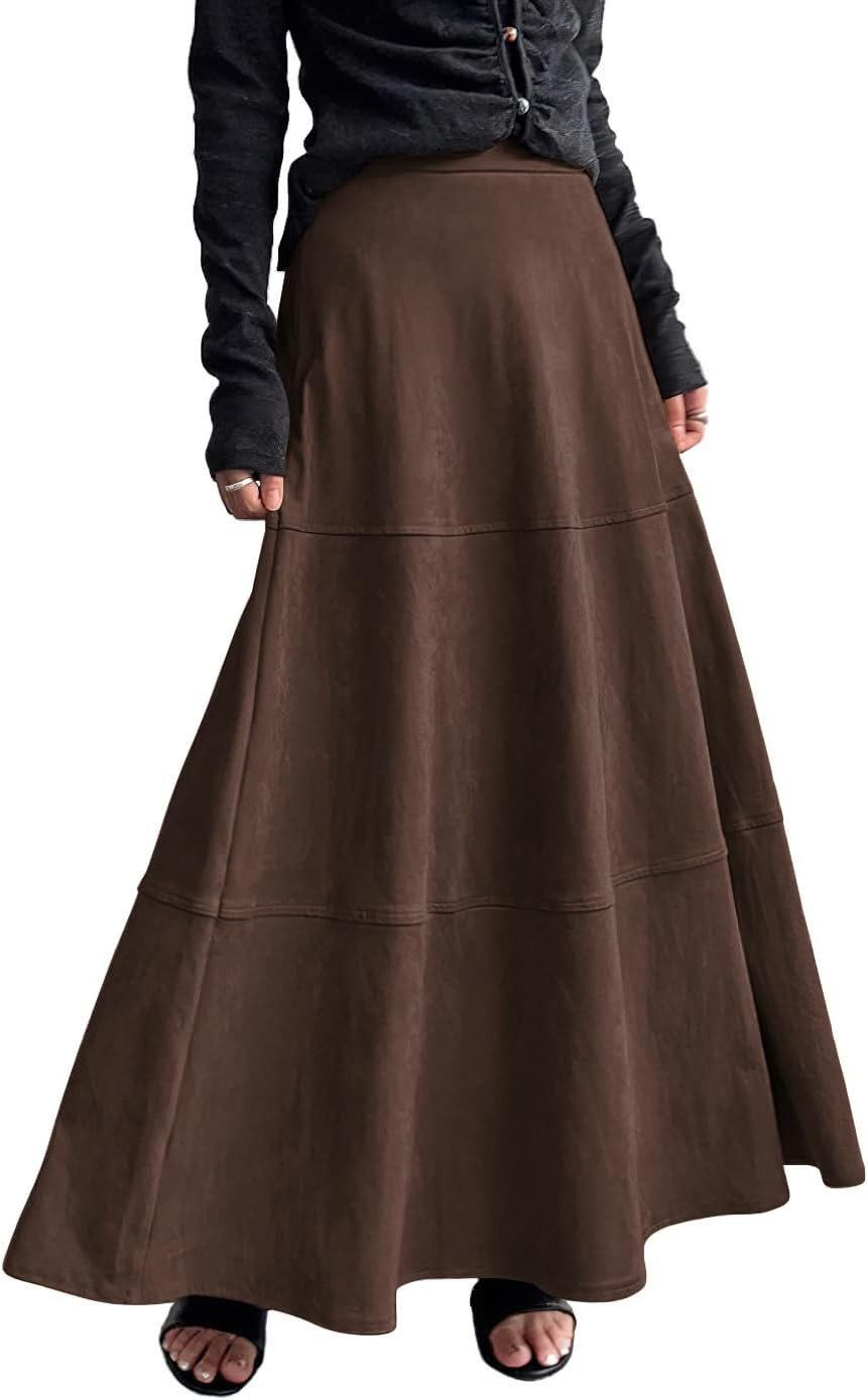 chouyatou Women's Elegant Ruffle Faux Suede Leather Skirt High Waisted A Line Fall Winter Maxi Long Skirt | Amazon (US)