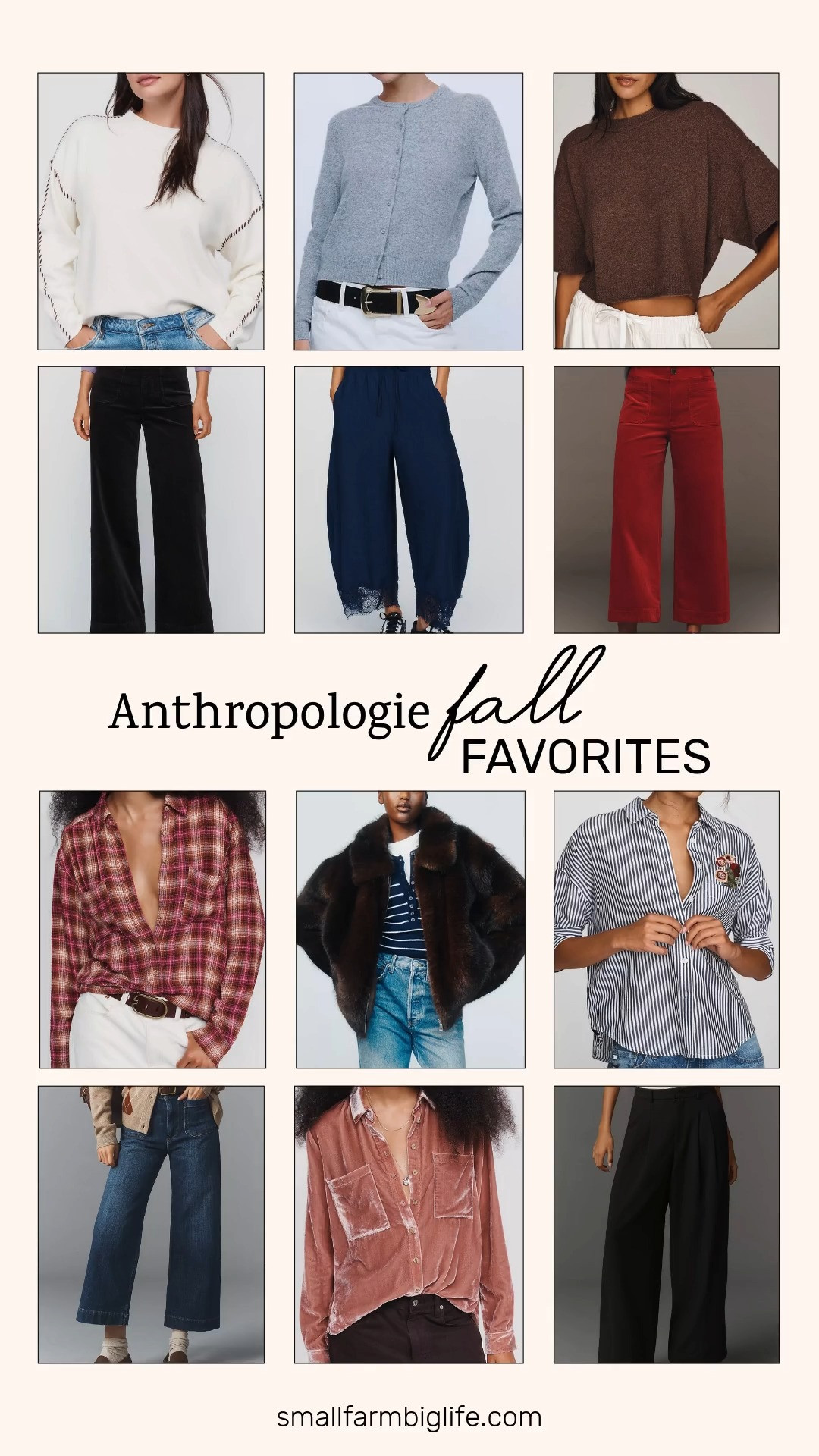 Friendsgiving outfit ideas from Anthropologie: cozy cashmere, rich corduroy, and pretty plaid pieces that feel polished but still comfortable enough for a long, cozy dinner with friends. 🍂

Cashmere sweaters are the easiest way to look put together. The mink brown By Anthropologie Goldie Cashmere Sweater and the grey By Anthropologie Juliet Cashmere Cardigan are soft, warm, and timeless, and the snow Maeve Carys Mock Neck Sweater is a gorgeous neutral that goes with everything. Top it all off with the chocolate Maeve Rae Faux Fur Cropped Jacket for a chic fall outfit.

For bottoms, the cocoa brown Maeve Colette Corduroy Full Length Wide Leg Pants and red Maeve Colette Corduroy Cropped Wide Leg Pants bring rich fall color and texture. The mini fern wash Maeve Colette High Rise Wide Leg Cropped Jeans keep it casual, while the black Maeve Avery Wide Leg Pleated Trousers and navy By Anthropologie Reverie Lace Trim Tapered Pants dress things up.

Button down shirts add a fun touch: the pink wine red and beige Pilcro Hadley Relaxed Plaid Buttondown Shirt is perfect for Thanksgiving, the taupe feather Pilcro Hadley Velvet Relaxed Buttondown Shirt feels festive, and the navy and white stripe Maeve Mabel Boxy Oxford Shirt with embroidered flowers is so pretty. These pieces make great Friendsgiving and Thanksgiving outfits for women over 50 and anyone who loves cozy fall style.

#friendsgivingoutfit #thanksgivingoutfit #anthropologie #falloutfits #cashmeresweater 

 #LTKgrwm #LTKootd #LTKOver40