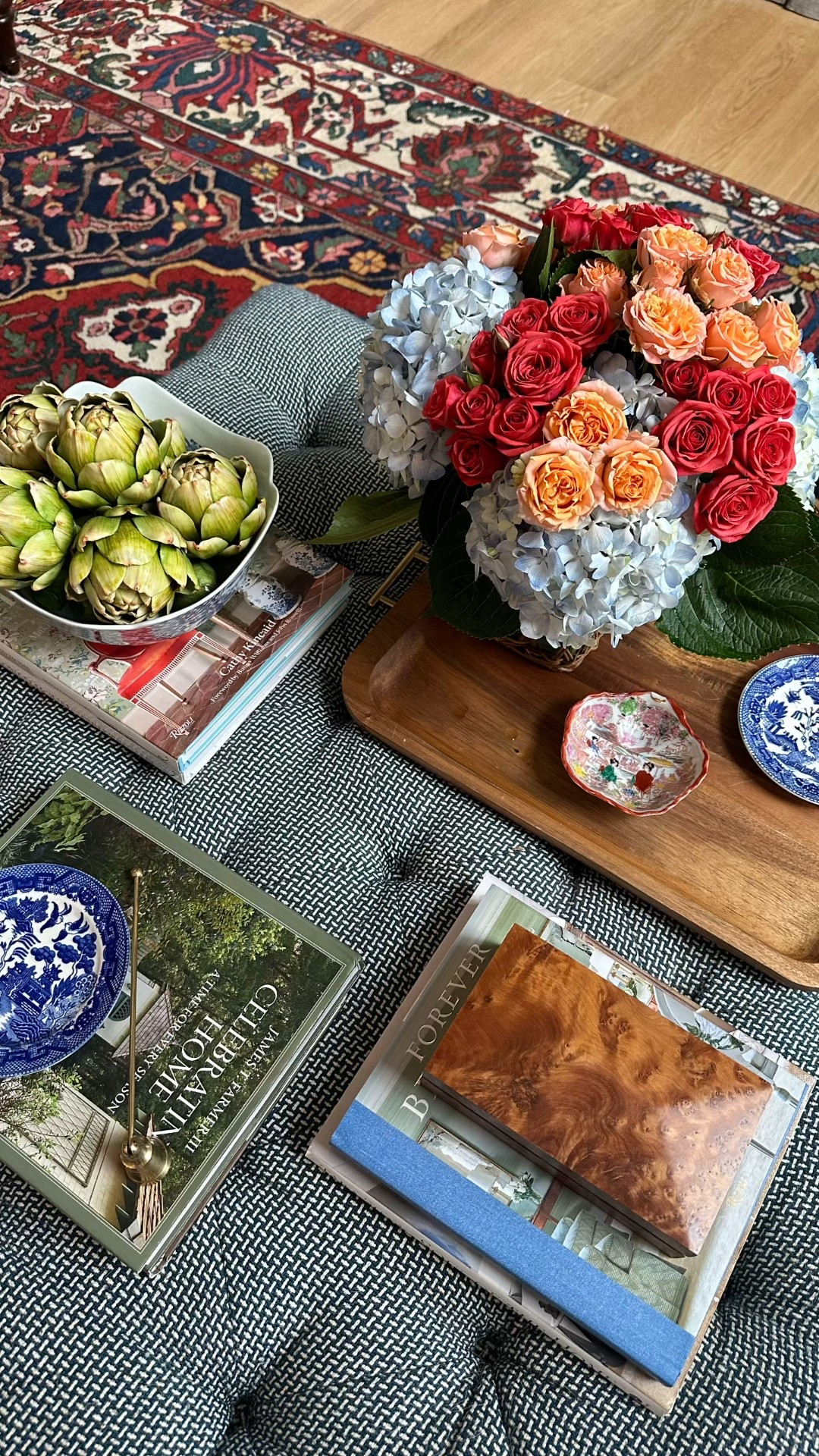 My coffee table styling favorites!
At Christmas time I replace the artichokes with pomegranates and they look fabulous. 