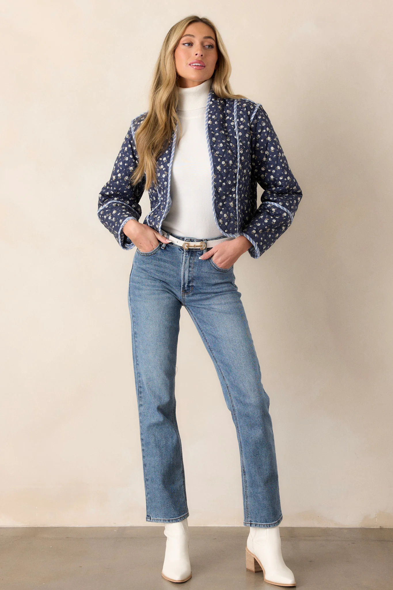 Anywhere But Here 100% Cotton Navy Floral Quilted Jacket | Red Dress