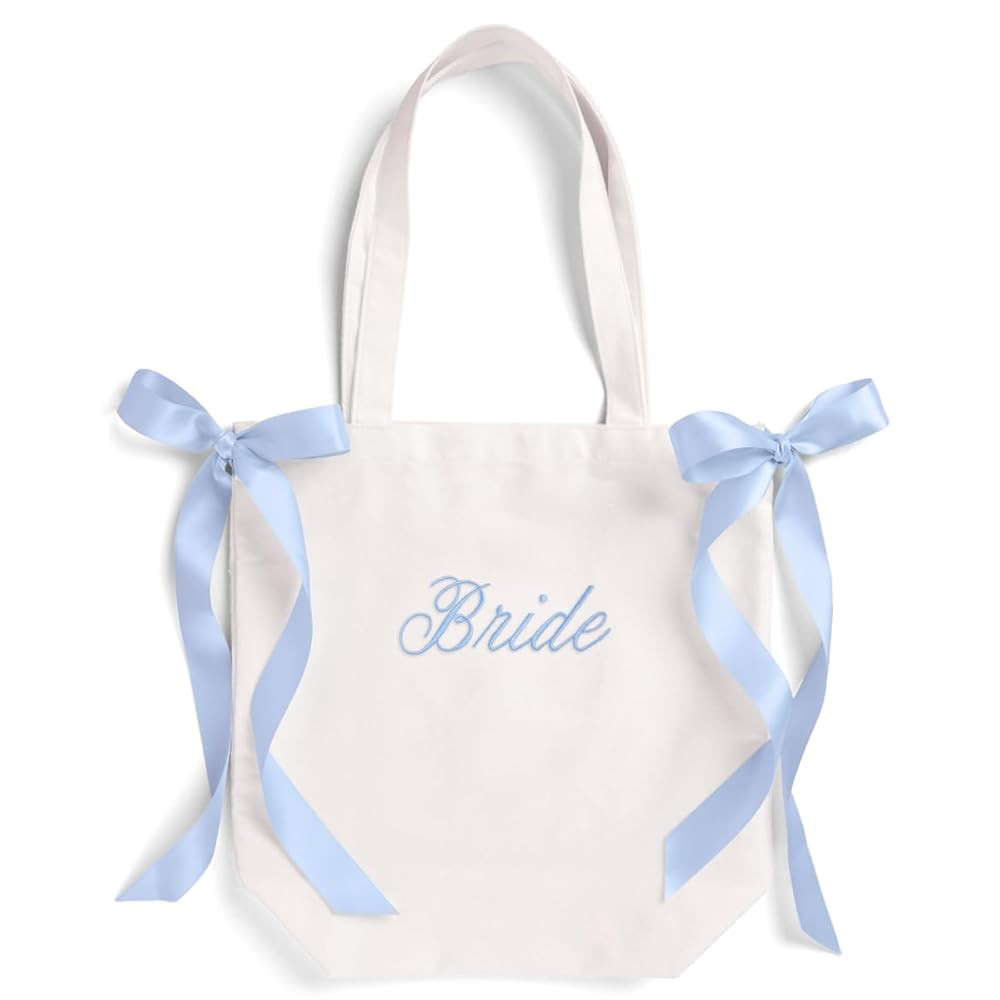 xo, Fetti White Bride Canvas Tote Bag, Blue Satin Bows | Bachelorette Party Decorations, Bride To... | Amazon (US)