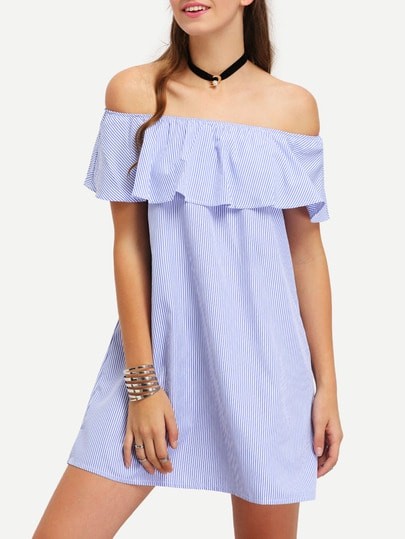 Vertical Striped Ruffled Off-The-Shoulder Dress | SHEIN