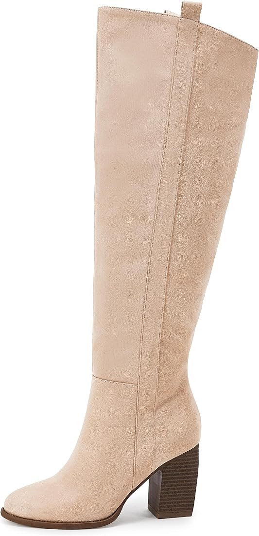Ermonn Womens Faux Suede Knee High Side Zipper Chunky Heel Stretch Winter Boots | Amazon (US)