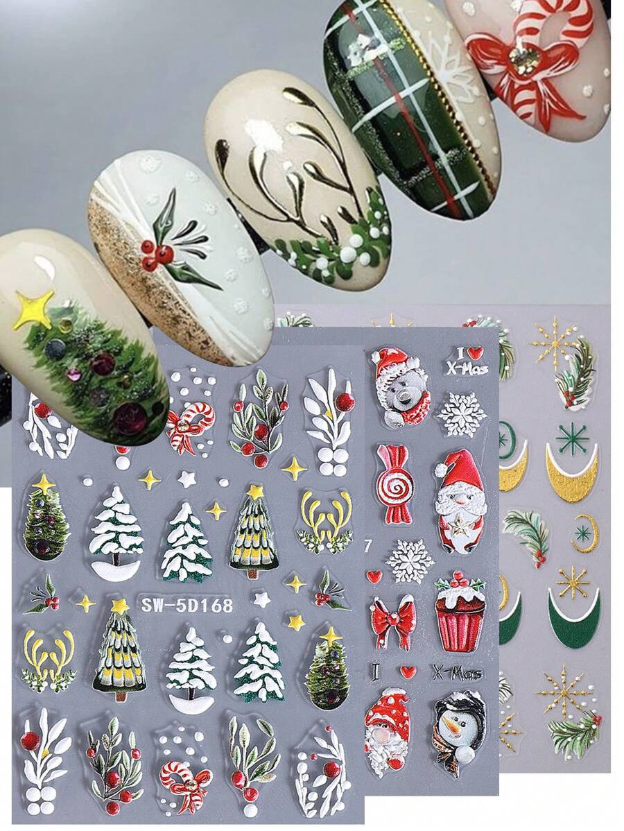 3 PCS Red Green Christmas Nail Art Stickers 5D Embossed French Snowflakes Wreath Holly Santa Clau... | SHEIN