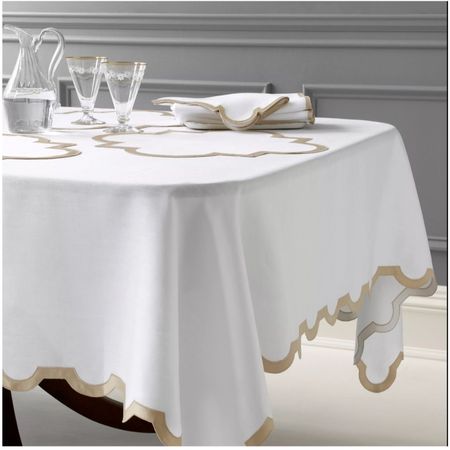 25% off table linens 🌟 holiday entertaining, Christmas dinner, scalloped table cloth, scalloped napkins, placemats white and gold blue and white tablescape 

#LTKstyletip #LTKhome #LTKsalealert
