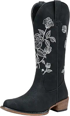 Women's Mid Calf Western Cowboy Embroidery Low Heel Boots with Zip | Flower cowgirl boots,round t... | Amazon (US)