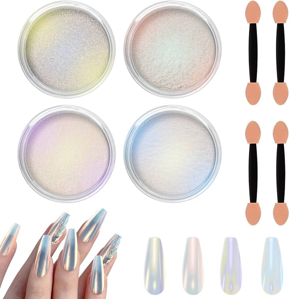 Allstarry Chrome Nail Powder 4 Colors Iridescent Aurora Powder Metallic Mirror Effect Pigment Pea... | Amazon (US)