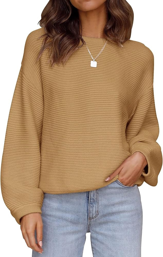ZESICA Women's 2023 Crew Neck Long Lantern Sleeve Casual Loose Ribbed Knit Solid Soft Pullover Sw... | Amazon (US)