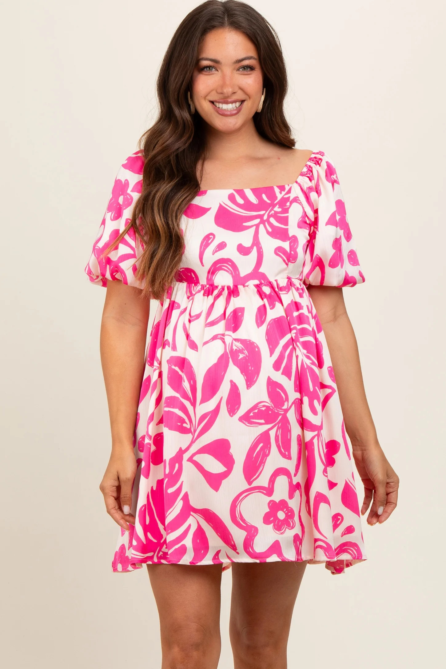 Fuchsia Floral Puff Sleeve Maternity Dress | PinkBlush Maternity