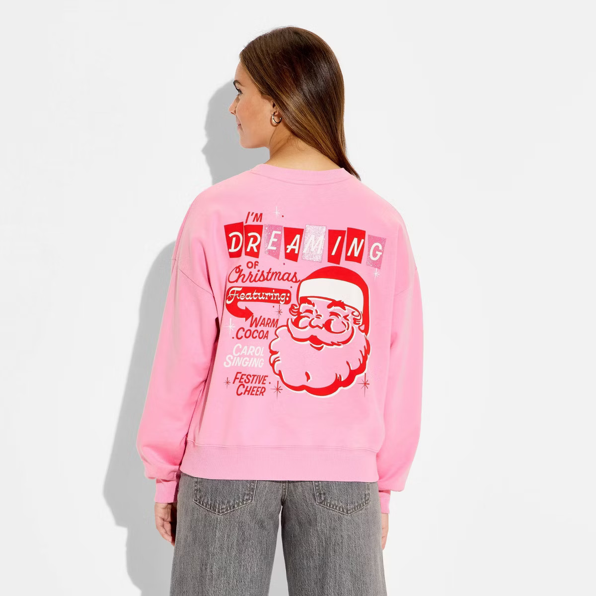 Women's Dreaming Santa Fleece Graphic Sweatshirt - Pink | Target