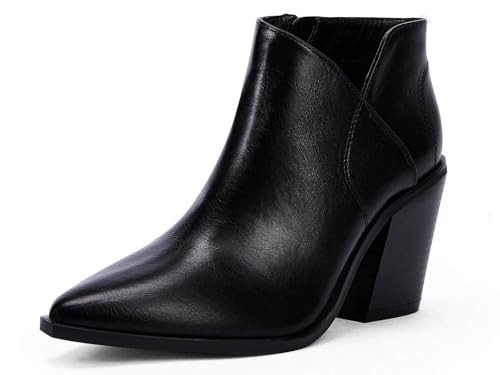 Womens Pointed Toe Ankle Boots Block Stacked Chunky Heel Cutout Side Zipper Fall Booties Shoe | Amazon (US)