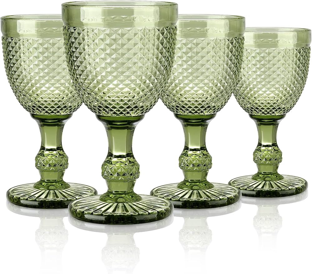 Joeyan Green Vintage Wine Glasses,Colored Embossed Glass Goblets,Stemmed Drinking Glasses Cups wi... | Amazon (CA)