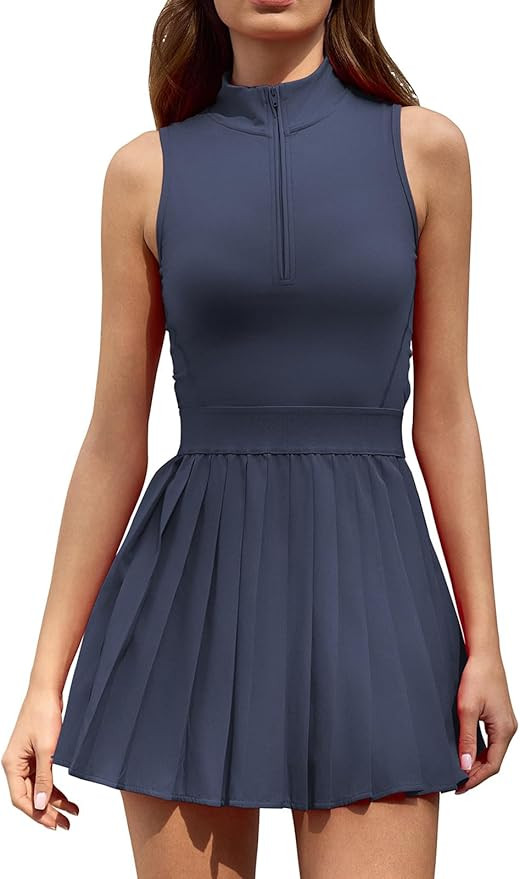 QINSEN Womens Zip Front Tennis Dress High Neck Pleated Sleeveless Two Pieces Golf Athletic Dress ... | Amazon (US)