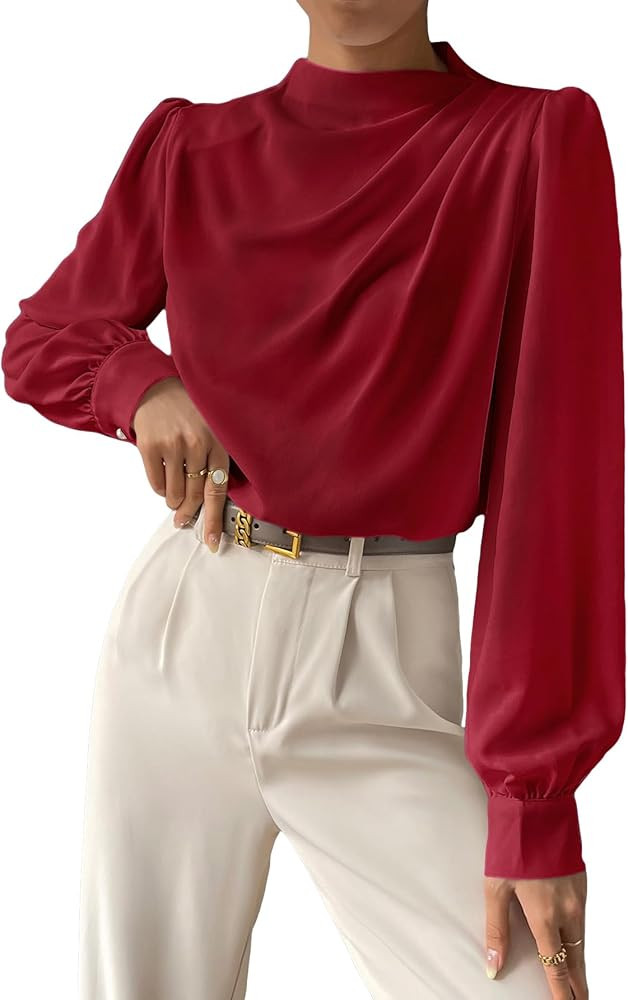 Verdusa Women's Ruched Mock Neck Bishop Sleeve Pleated Draped Blouse Shirt Top | Amazon (US)