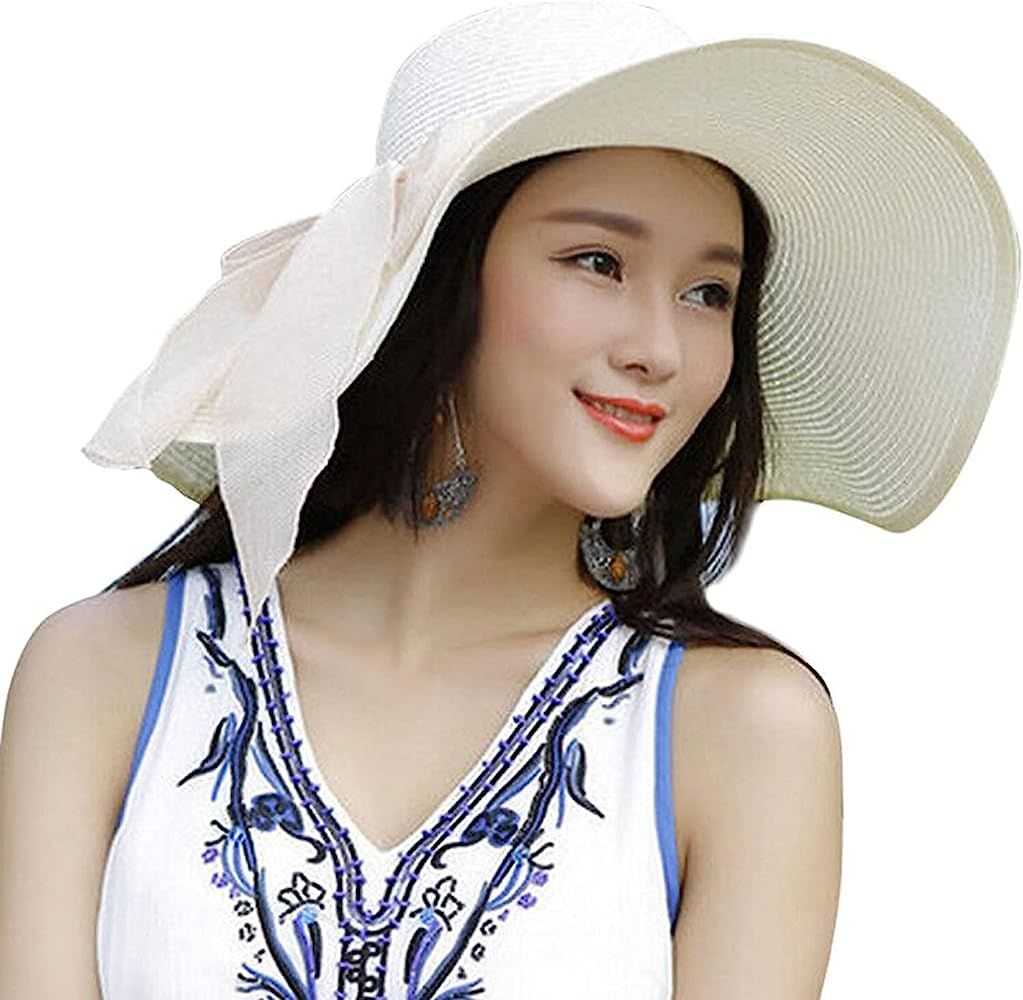 Womens Big Bowknot Straw Hat Floppy Foldable Roll up Beach Cap Sun Hat UPF 50+ | Amazon (US)