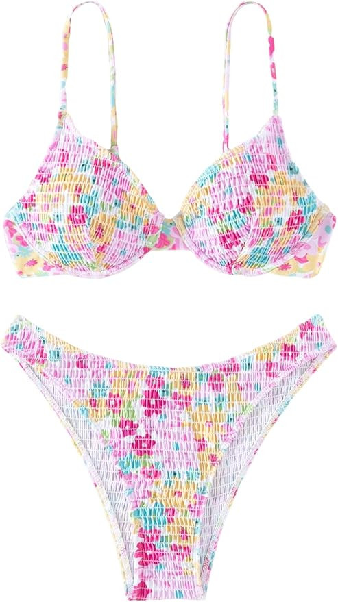 SHENHE Women's 2 Piece Bikini Set Ditsy Floral Bathing Suit Smocked Push Up Swimsuit | Amazon (US)