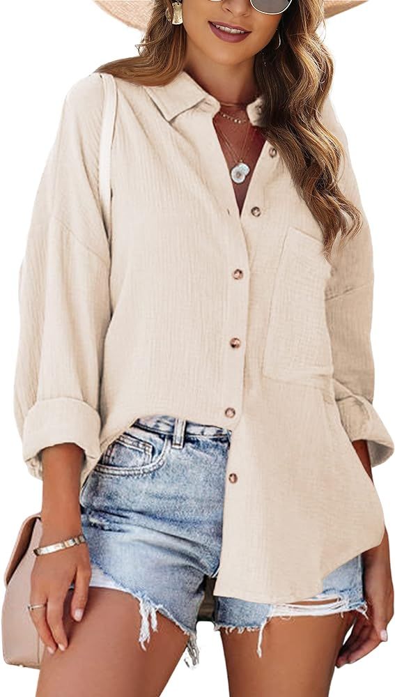 Gozoloma Women's Casual Loose Cotton Linen Blouse Button Up Long Sleeve Shirt Tops | Amazon (US)