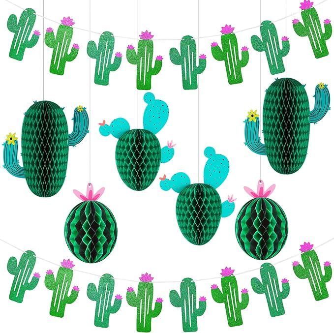 8 Pcs Cactus Party Decorations, Include 2 Green Glitter Cactus Banner and 6 Cactus Honeycomb Cent... | Amazon (US)