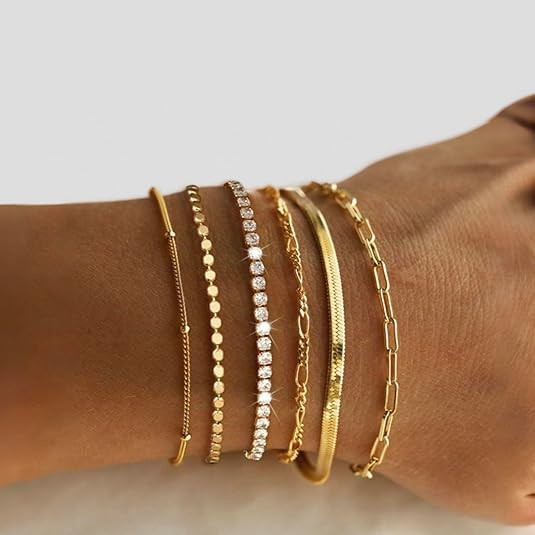 Multi-Piece Stackable Gold Bracelets Set for Women, Trendy Dainty Gold Plated Link Jewelry with C... | Amazon (US)