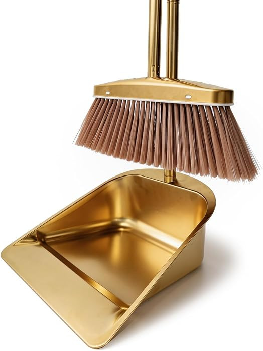 Gold Broom and Dustpan Set, Minimalist Upright Sweeper with Long Handle, Heavy Duty Stainless Ste... | Amazon (US)