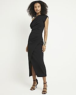 Black drape off shoulder bodycon midi dress | River Island (UK & IE)