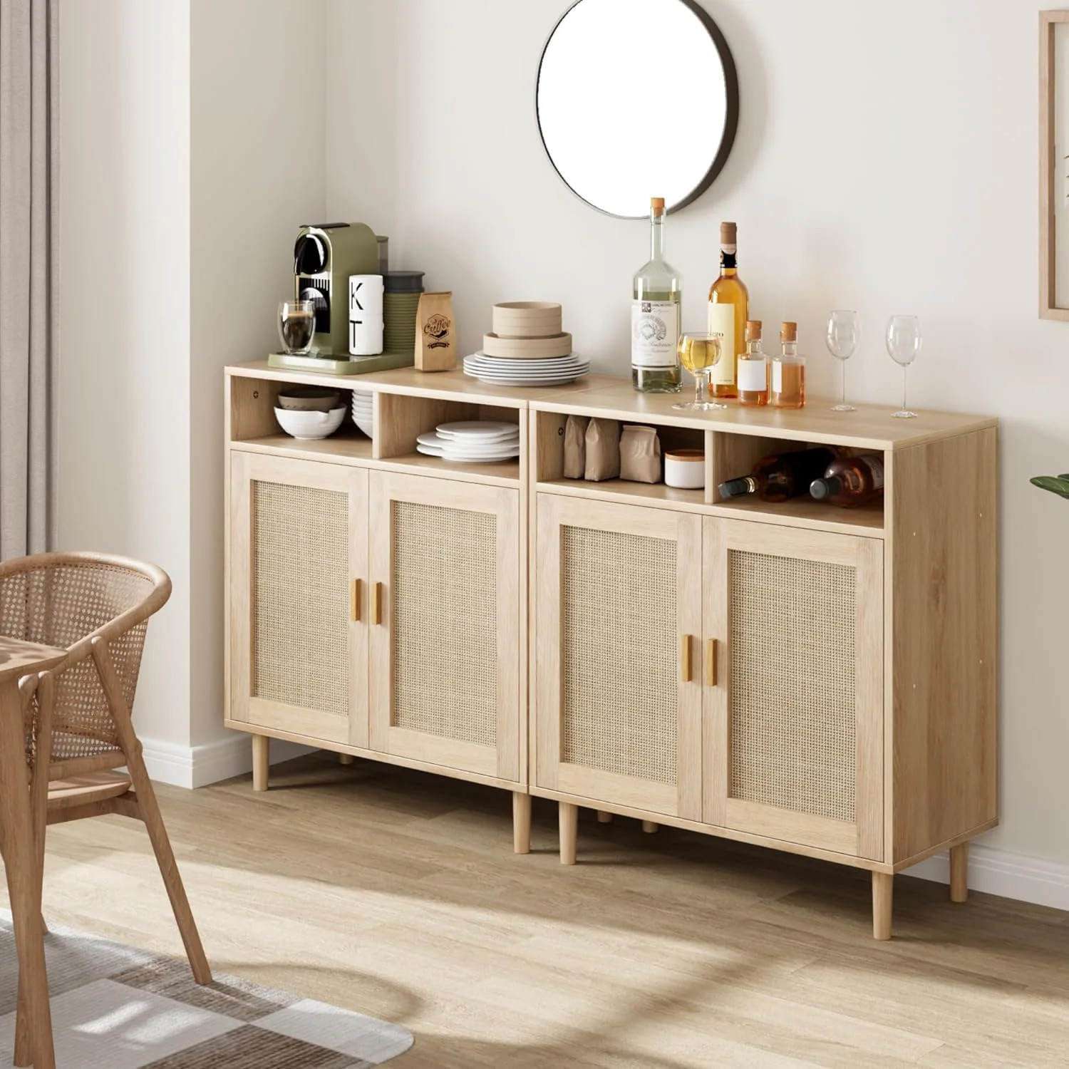 Qeetex 2 Sets Rattan Sideboard Cabinet with 2 Doors and Shelf Modern Farmhouse Buffet Storage for Kitchen Dining Room and Entryway Handwoven Boho | Lowe's