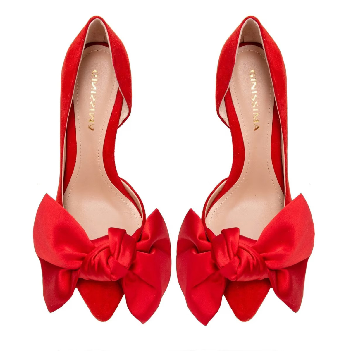 Samantha Red Suede And Oversized Red Satin Bow Open Sided Stiletto | Wolf & Badger