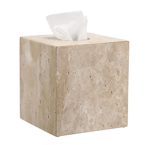 Sumnacon Square Tissue Box Cover Natural Travertine Tissue Cover with Pads, Heavy Duty Stone Tissue Box Holder,Gorgeous Tissue Holder for Toilet Bathroom Kitchen Bedroom Living Room Table,Light Beige | Amazon (US)