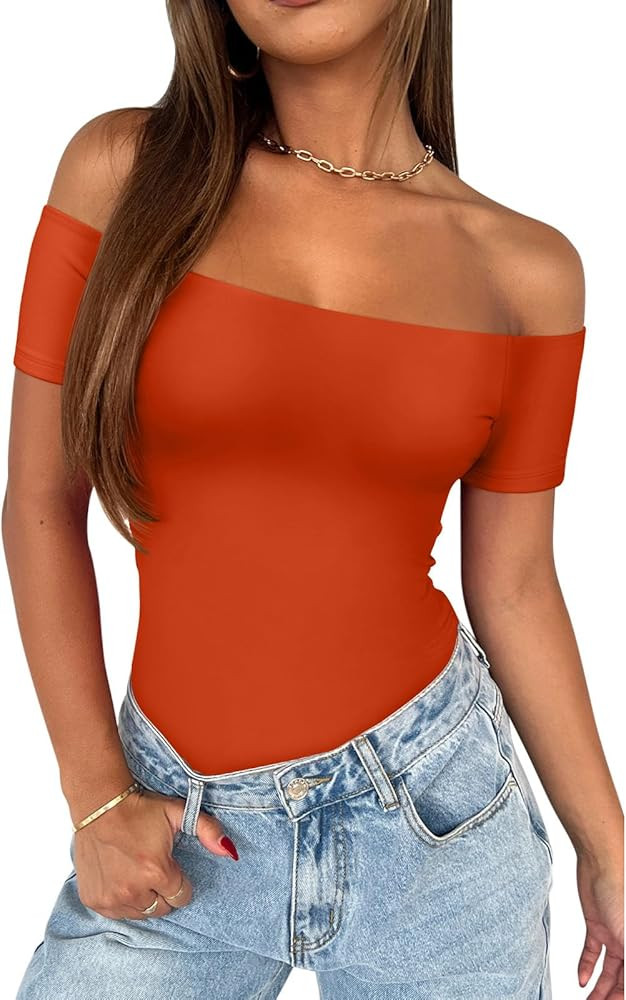REORIA Women Sexy Off The Shoulder Short Sleeve Backless Basic Double Lined Thong Bodysuit Tops | Amazon (US)
