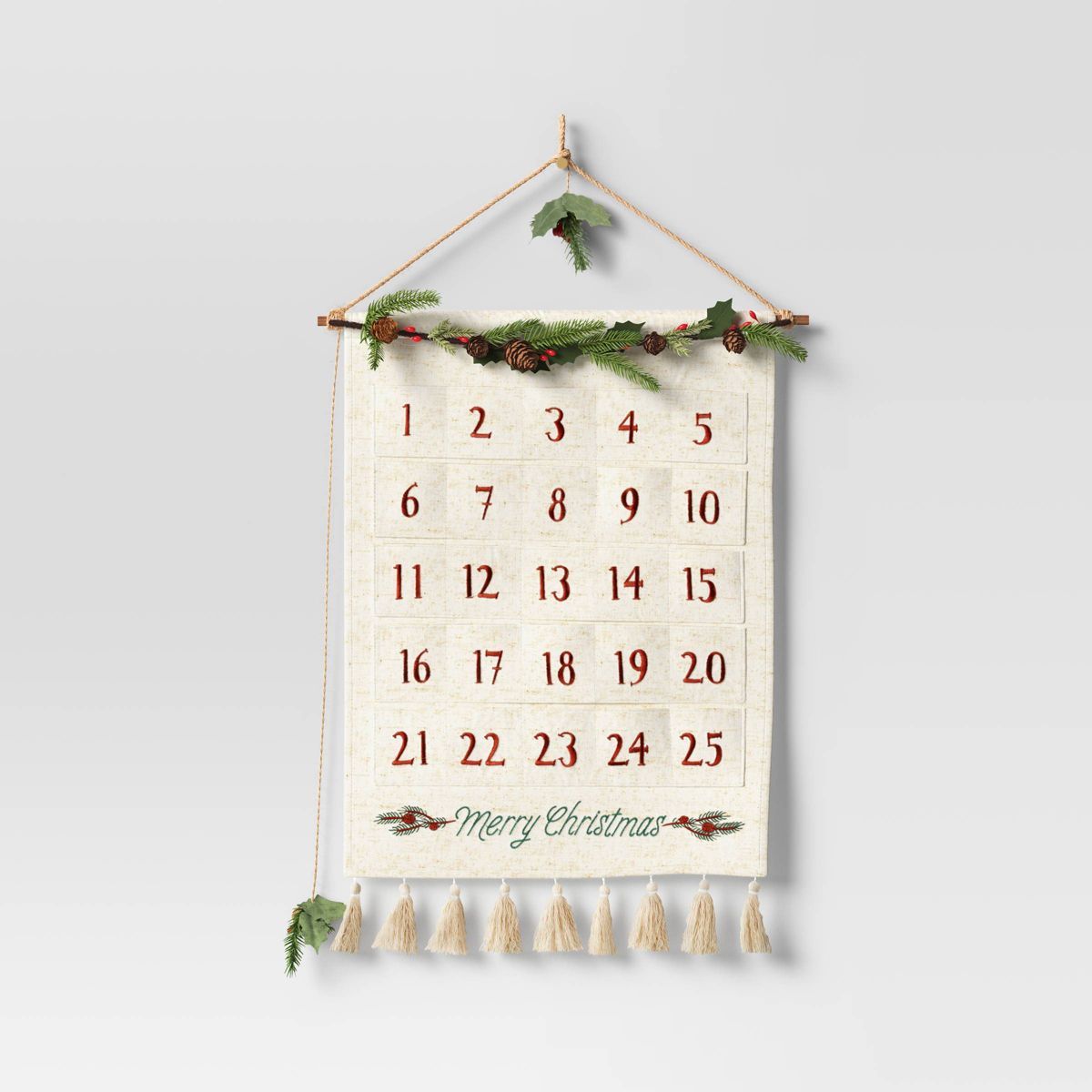 22" Fabric 'Merry Christmas' Hanging Advent Calendar with Mixed Greenery White - Wondershop™ | Target