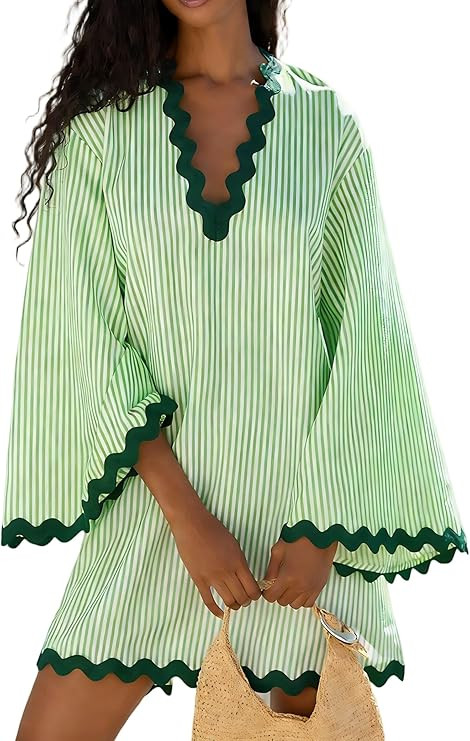 VAOYIU Women's Boho Striped V-Neck Dress Flowy Bell Sleeves Cover Up with Wavy Trim Beach Resort ... | Amazon (US)