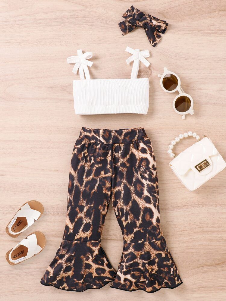 Baby Bow Shoulder Cami Top & Leopard Flare Leg Pants With Headband | SHEIN