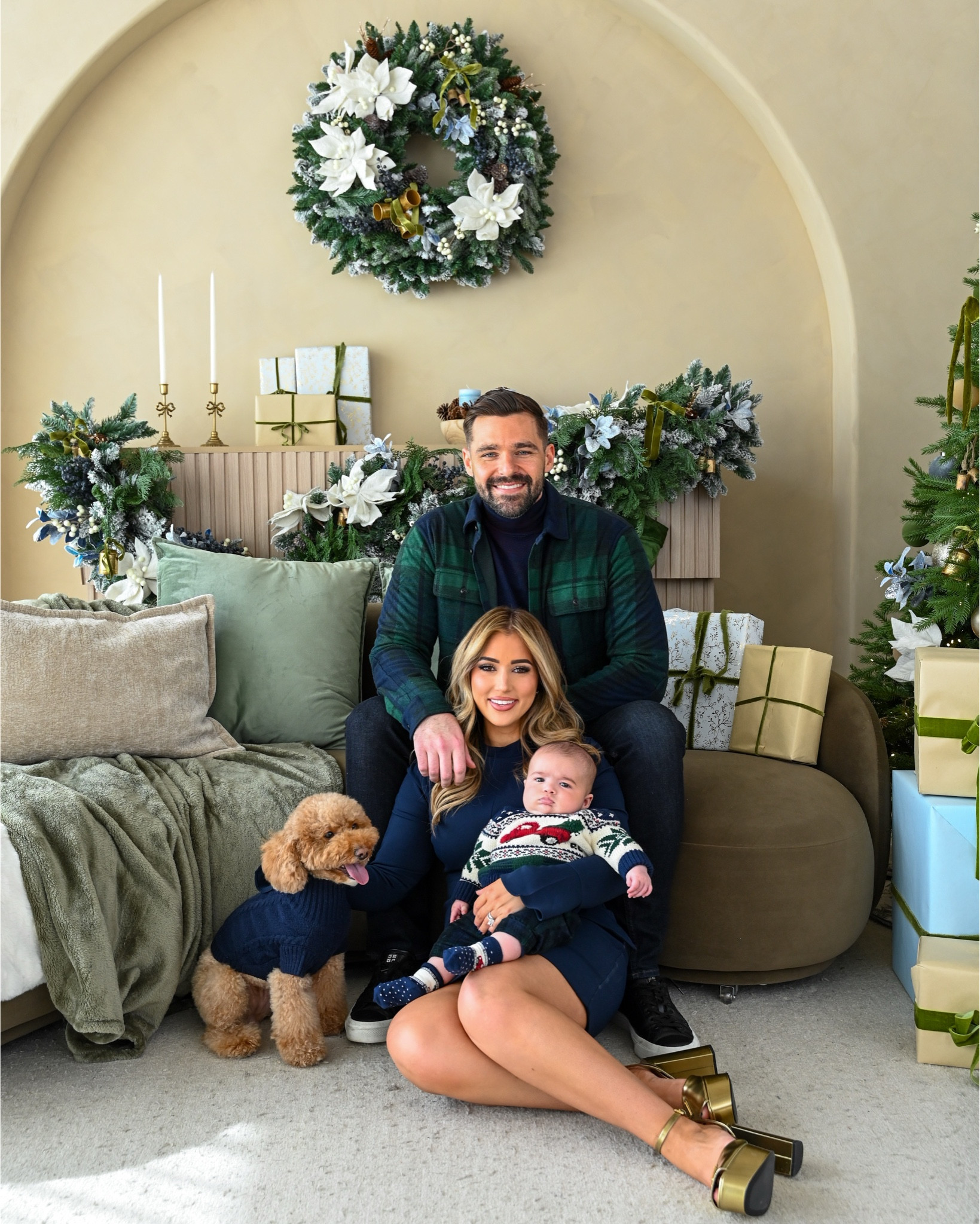 Happy Holidays 🫶🏼 from my family to yours! Wearing a size regular medium in the dress. Hubby is wearing size XL in turtleneck and flannel shirt. Honey 🐾 is wearing a size small in her sweater. Baby is wearing a RL sweater that is completely out of stock, linking similar for him. 

#LTKHoliday #LTKPetite #LTKBaby