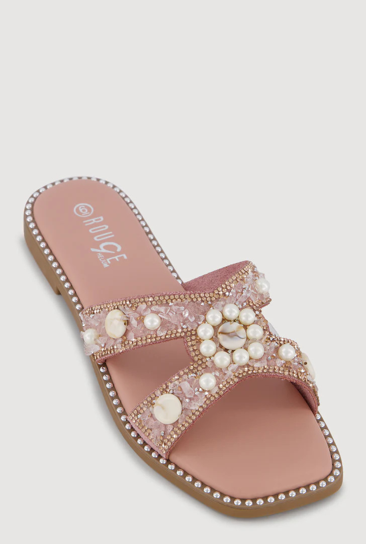 Rhinestone Faux Pearl Beaded H Band Sandals | Rainbow Shops