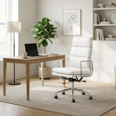 Modern White Leather Office Chair With  Aluminum Alloy Base, Adjustable Swivel Executive Desk Chair With Arms | Wayfair North America