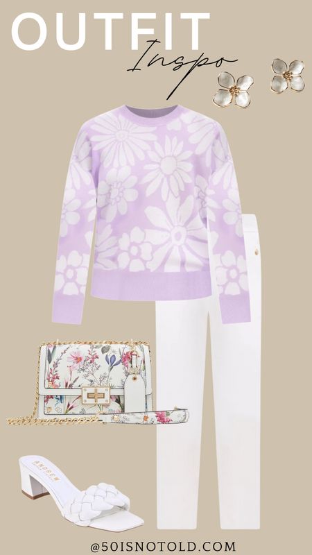 Outfit Inspo for Spring | White Pants | Purple Sweater | Floral Handbag | Office Outfit 

#LTKstyletip #LTKshoecrush #LTKworkwear