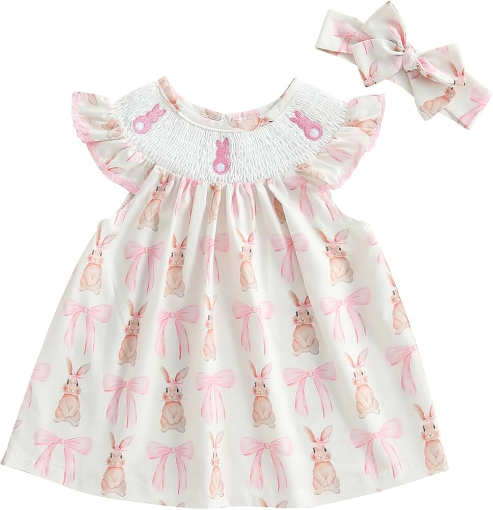 Toddler Baby Girls Easter Dress Bunny Embroidery Short Sleeve Smocked Dresses Easter Outfit A-Lin... | Amazon (US)