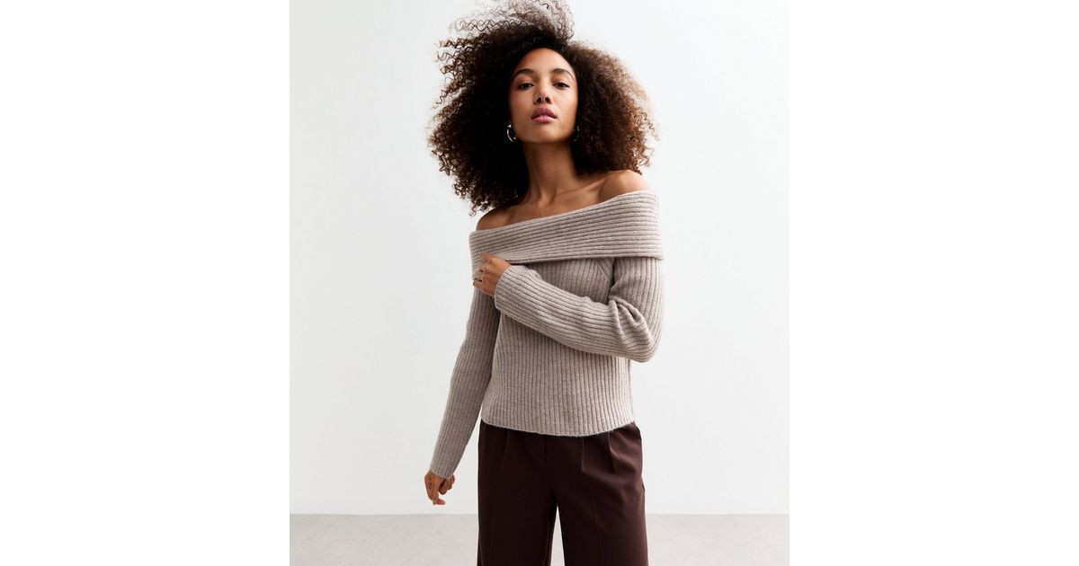 Mink Ribbed Knit Bardot Jumper  | New Look | New Look (UK)