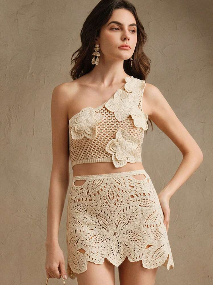 Anewsta Easter, Festival Elegant Hollow-Out Shoulder Crochet Short Top & Skirt 2 Pieces Outfit, Suitable For Beach Vacation Women Clothing 2 Pieces Summer | SHEIN