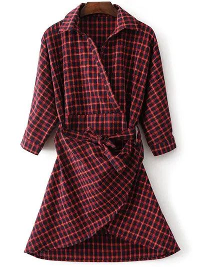 A Line Belted Asymmetric Plaid Shirt Dress | Dresslily US