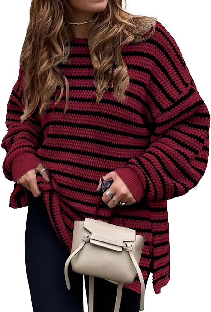 KIRUNDO Oversized Sweaters for Women 2025 Fall Striped Long Sweater Cozy Cute Knit Pullover with ... | Amazon (US)