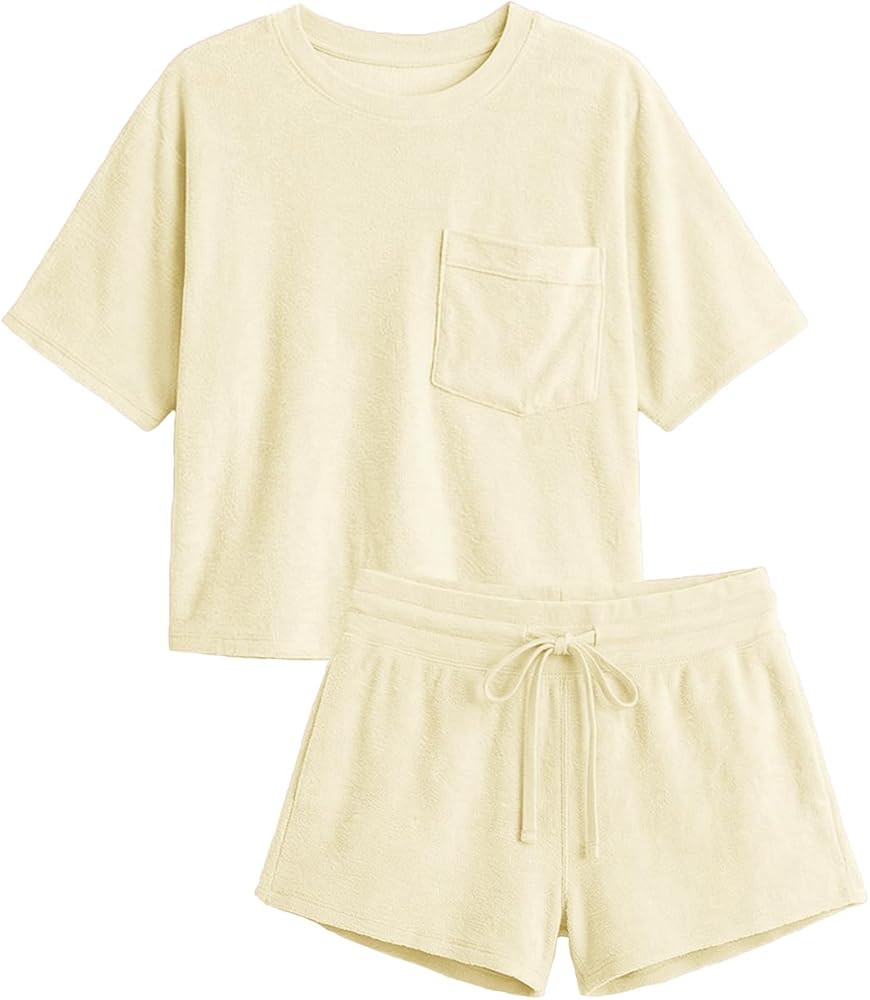 Haellun Womens 2 Piece Lounge Set Soft Short Sleeve Top and Drawstring Shorts for Summer | Amazon (US)