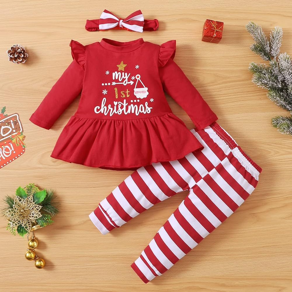 My 1st Christmas Baby Girl Outfits Ruffle Santa Tree Print Tunic Drees Shirt Plaid Stripe Pants Fall | Amazon (US)