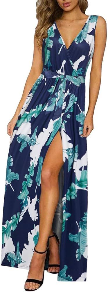 KILIG Women Sexy Deep V-Neck Sleeveless Floral Wrap Long Dress Casual Split Maxi Dress Wedding Su... | Amazon (US)