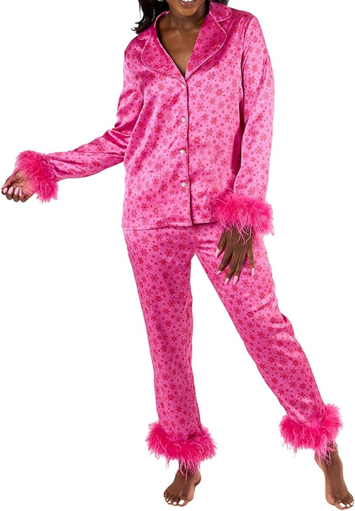 BHGHB Womens Silk Satin Pajamas Loungewear Feather Decoration Two-piece Sleepwear Lapel Button-Down Pj Set | Amazon (US)